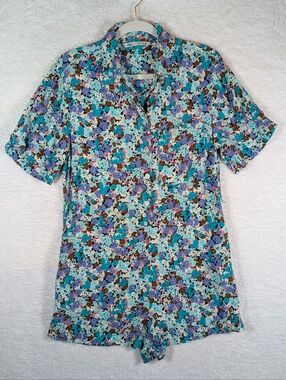 506-Zara Floral Button-Front Short Sleeve Romper in Teal, Purple &‎ Brown